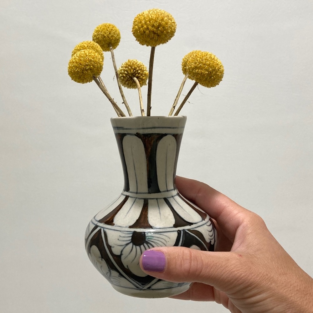 Hand Painted Blue & Brown Bohemian Style Ceramic Bud Vase